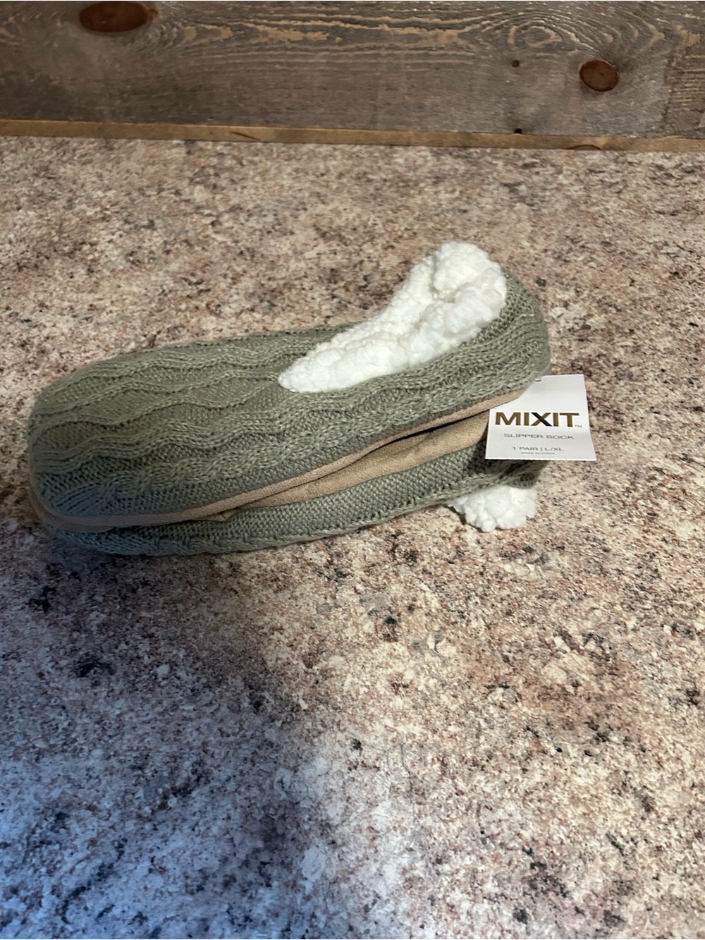 Mixit Cable Knit Sherpa-Lined Slippers in Sage Green and White